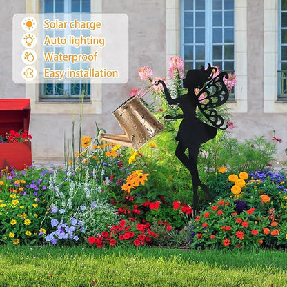 Ouddy Decor Fairy Garden Decor with Solar Watering Can, Metal Fairy Garden Statues with Hanging Lanterns Waterfall Lights Silhouette Waterproof for Lawn Pathway Gardening Gifts