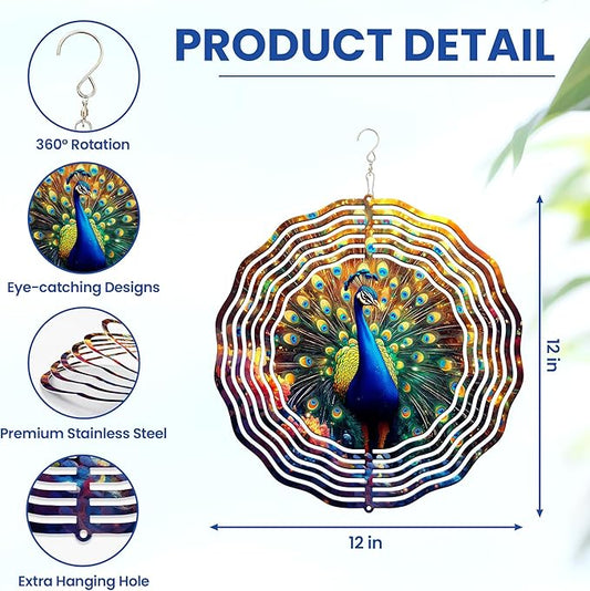 FLAGWIX Peacock Wind Spinners Outdoor - 3D Stainless Steel Metal Kinetic Spinner 12 inch - Gardening Gifts for Women, Peacock Yard Art Home Garden Decor, Gifts for Outside