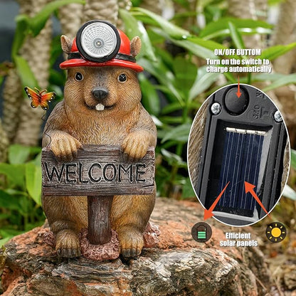 Groundhog Welcome Garden Statue with Solar Headlamp – Funny Animal Outdoor Yard Decor with LED Light and Butterfly – Waterproof Resin Garden Ornament for Patio, Lawn, Pathway