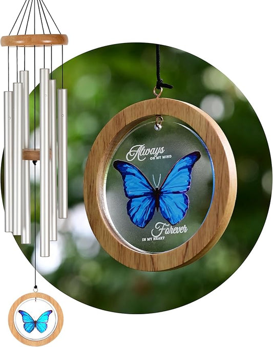 Wind Chimes for Outside, Wind Chimes Outdoor Clearance, Deep Tone Outdoors, Butterfly Wind Chime, Memorial, Sympathy Gift, Patio, Porch, Home Décor, Modern, Acrylic Art, Silver (34" Blue Butterfly)
