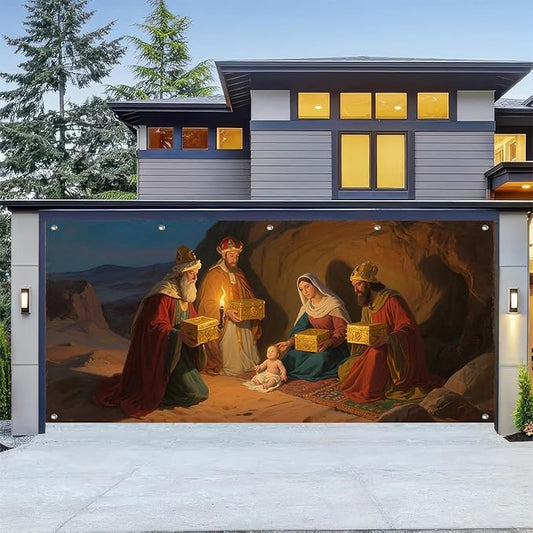 HOMETITUTE 13x6ft Three Wise Men Nativity Scene Garage Door Banner Baby Jesus Mary Polyester Large Outdoor Xmas Decoration for Holiday Party Winter Yard Home School Church Community Display