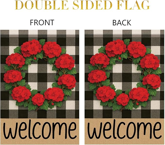 Buffalo Plaid Welcome Wreath Garden Flag Red Geranium Flower Flag 12x 18 Inch Double Sided Spring Outdoor Fall Autumn Farmhouse Outdoor Small Decor for Porch Lawn Patio Yard
