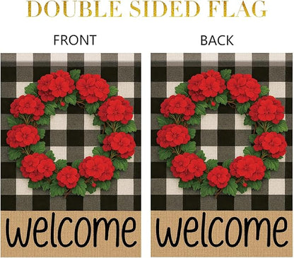 Buffalo Plaid Welcome Wreath Garden Flag Red Geranium Flower Flag 12x 18 Inch Double Sided Spring Outdoor Fall Autumn Farmhouse Outdoor Small Decor for Porch Lawn Patio Yard