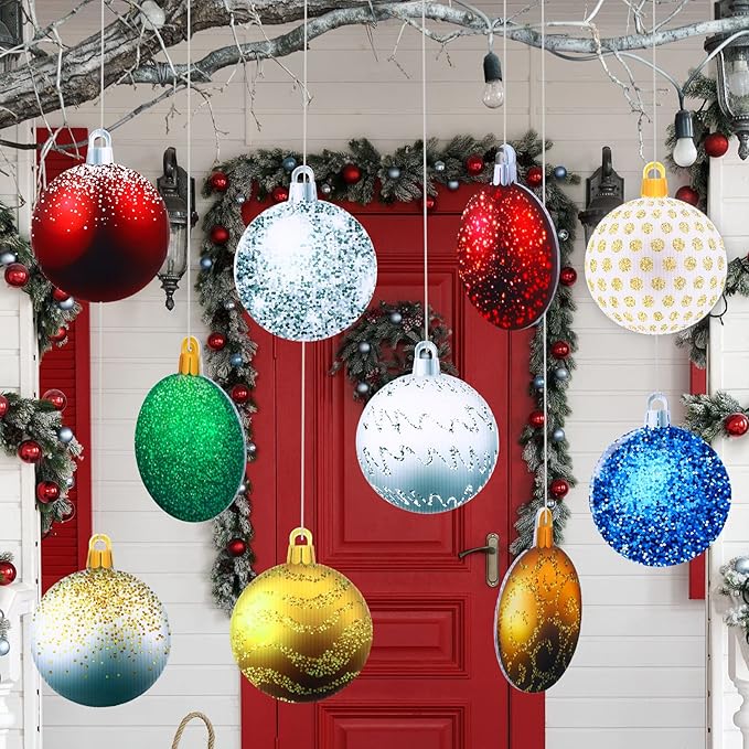 Sumind 10 Pieces Christmas Decorations Outdoor Christmas Hanging Ornaments Large Yard Lawn Signs Round Double Sided Porch Ornaments for Xmas Party Decor(Flash Style)