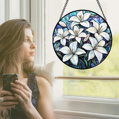 Stained Glass Window Hanging - White Lily Flowers Suncatcher for Door Terrace Garden Home Decor Blue Purple Sun Catcher Birthday Gifts for Lovers Women Men Dad Mom Nana 11.8 in