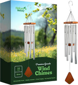 Nature’s Melody Premiere Grande Tunes Wind Chimes – Outdoor Windchime with 6 Tubes Tuned to E Pentatonic Scale, Rustproof Aluminum, Beech Wood & S Hook Hanger (Silver, 24 Inch)