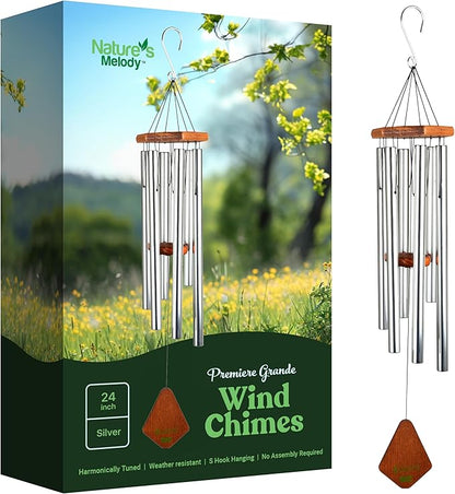 Nature’s Melody Premiere Grande Tunes Wind Chimes – Outdoor Windchime with 6 Tubes Tuned to E Pentatonic Scale, Rustproof Aluminum, Beech Wood & S Hook Hanger (Silver, 24 Inch)