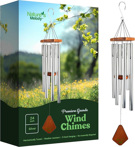 Nature’s Melody Premiere Grande Tunes Wind Chimes – Outdoor Windchime with 6 Tubes Tuned to E Pentatonic Scale, Rustproof Aluminum, Beech Wood & S Hook Hanger (Silver, 24 Inch)