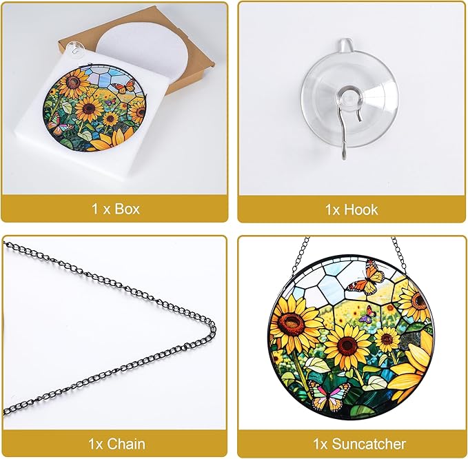 Stained Glass Window Hanging, Sunflowers Suncatcher 7.8 in Sun Catcher Glass Panel Boho Wall Art Decor with Chain Diamond Glass Panel Hangings Scenery Sun Catchers Decor for Lover Couple Mom