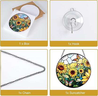 Stained Glass Window Hanging, Sunflowers Suncatcher 7.8 in Sun Catcher Glass Panel Boho Wall Art Decor with Chain Diamond Glass Panel Hangings Scenery Sun Catchers Decor for Lover Couple Mom