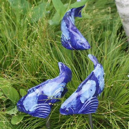 Koi Fish Decor Garden: 3 Pcs Resin Koi Fish Sculpture, Garden Fishes Statue with Stake, for Outdoors, Patio, Yard, Lawn, Pond and Home Decoration (Dark Blue)