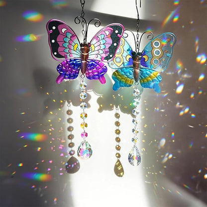 Set 2 Metal Butterfly Suncatchers for Windows - 14" Outdoor Fence Wall Art Decor, Rainbow Prisms Sun Catchers with Crystals Hanging for Home Garden Ornament for Christmas Tree