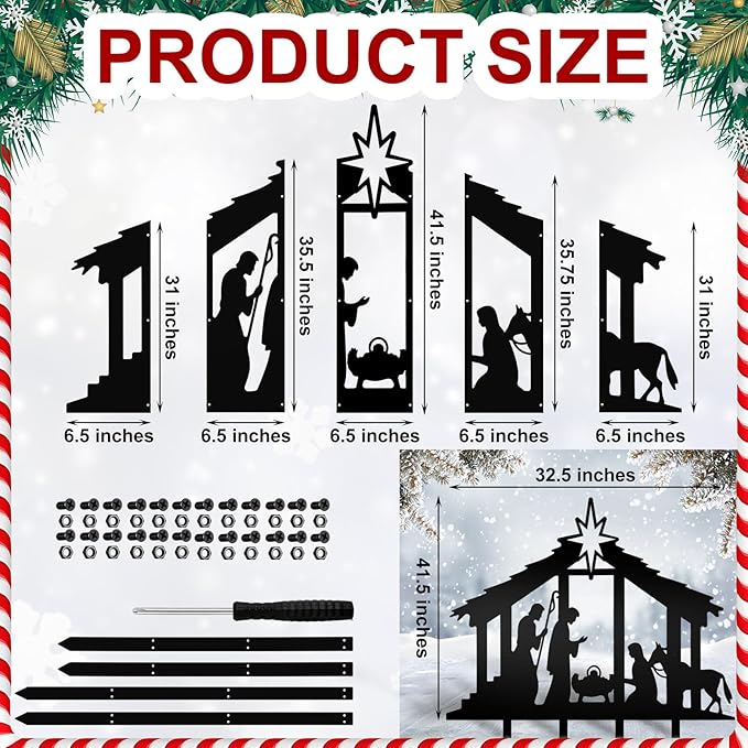 Cinnvoice 40" x 31" Large Christmas Metal Yard Stakes Christmas Garden Stakes Waterproof Xmas Outdoor Yard Decor with Stake for Xmas Holiday Lawns Outdoor Decor(Nativity, Black)