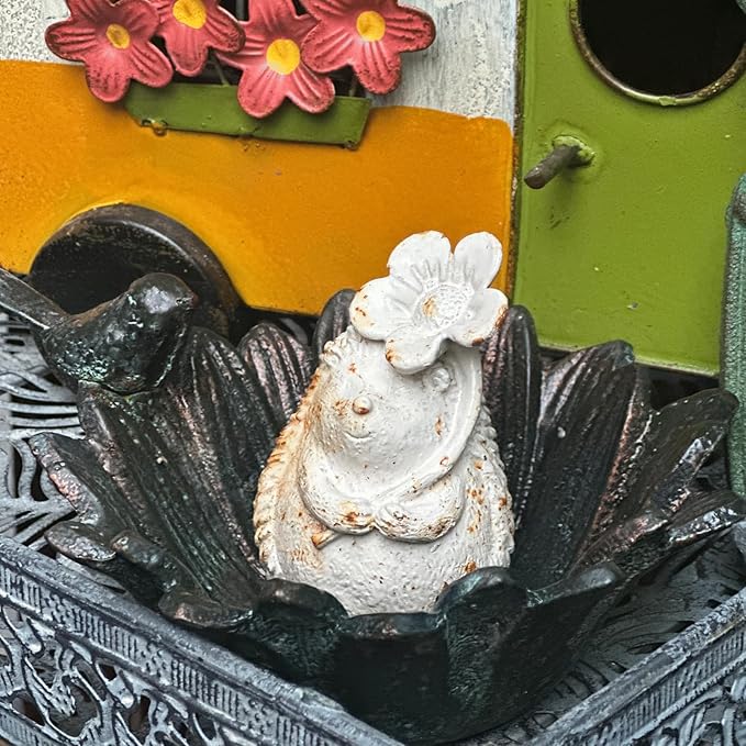 Rust Iron Hedgehog Garden Statue, 3.9 Inch High Cute Animal Garden Figurines for Patio Yard Lawn Outdoor Decor(Rust, White Color) (White-Flower)