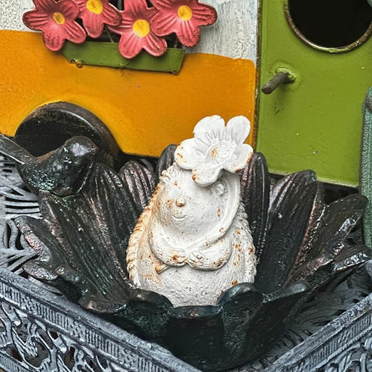 Rust Iron Hedgehog Garden Statue, 3.9 Inch High Cute Animal Garden Figurines for Patio Yard Lawn Outdoor Decor(Rust, White Color) (White-Flower)