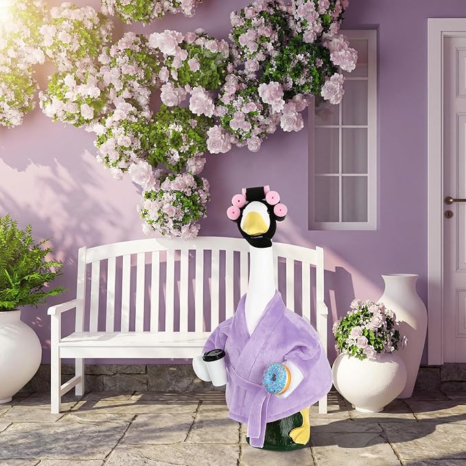 Porch Goose Outfits for 23 Inches Lawn Goose Statue, Purple Bathrobe Clothes with Hair Curlers, Coffee Cup & Donut Accessories for Funny Spa Yard Garden Patio Decor