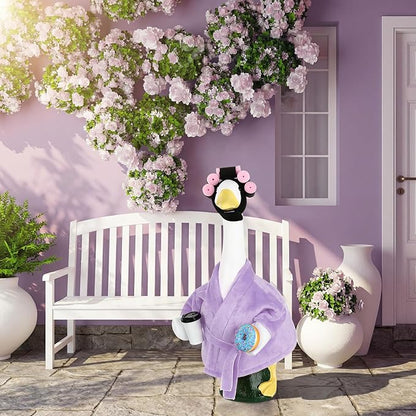 Porch Goose Outfits for 23 Inches Lawn Goose Statue, Purple Bathrobe Clothes with Hair Curlers, Coffee Cup & Donut Accessories for Funny Spa Yard Garden Patio Decor