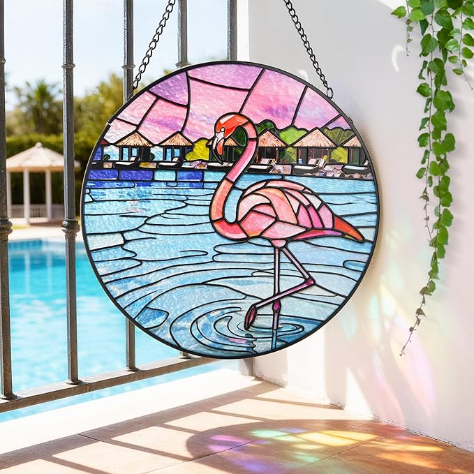 Stained Glass Window Hanging, Flamingo Circular Painted Glass Suncatcher with Chain & Suction Cup for Home Garden Door Decor, Birthday for Women Men Mom 7.8 in