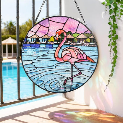 Stained Glass Window Hanging, Flamingo Circular Painted Glass Suncatcher with Chain & Suction Cup for Home Garden Door Decor, Birthday for Women Men Mom 7.8 in