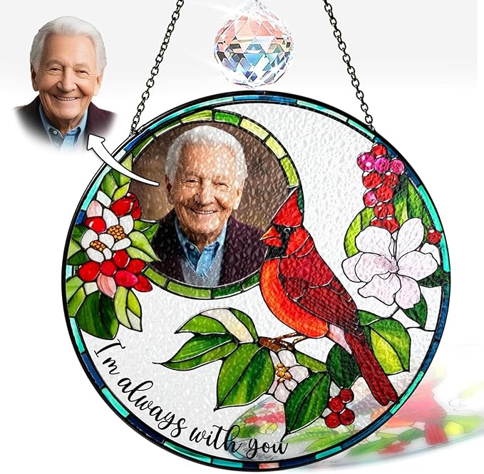 Personalized Photo Cardinal Stained Glass Suncatcher, Cardinal Memorial Sun Catcher Window Hanging, I'm Always with You Gift Home Decor, Mother's Day Sympathy Gift for Mom, Dad, Family SC-HU-M123
