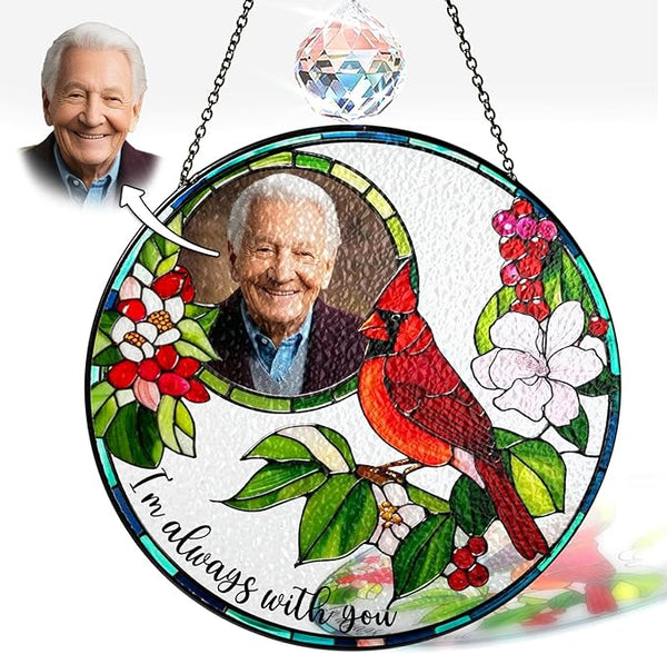 Personalized Photo Cardinal Stained Glass Suncatcher, Cardinal Memorial Sun Catcher Window Hanging, I'm Always with You Gift Home Decor, Mother's Day Sympathy Gift for Mom, Dad, Family SC-HU-M123
