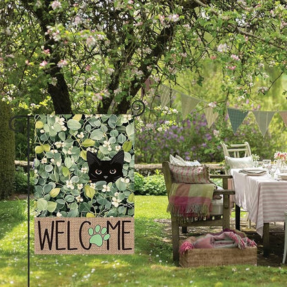 AVOIN colorlife Spring Summer Floral Garden Flag 12x18 Inch Double Sided Outside, Eucalyptus Black Cat Welcome Seasonal Yard Outdoor Flag