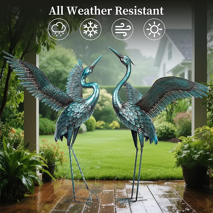 chisheen Garden Statue Outdoor Metal Heron Crane Yard Art Sculpture for Lawn Patio Backyard Decoration,46 inch (2-Pack) (Blue&Black)