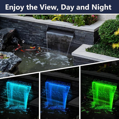 AquaMiracle Pond Waterfall Kit with LED Lights, All-in-1 Stainless Steel Spillway with 660GPH Water Pump, Outdoor Waterfall Fountain for Garden, Backyard & Pool Decor (8inch)