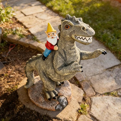 Garden Gnome Riding Dinosaur Statue - Resin Outdoor Decor, 8.7" Funny Garden Dino Gnome Statue for Patio & Lawn Ornament Whimsical Sculpture Gift,Gifts for Women