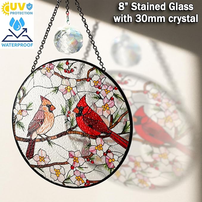 7.8" Cardinal Stained Glass Suncatcher, Cardinal Bird Suncatcher Crystal Window Hanging, Sun Catcher Red Birds for Window, Cardinals Gifts for Women, Mom Gift for Mothers Day, Bird Decor Memorial Gift