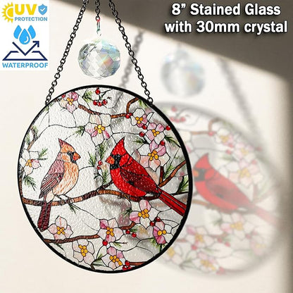 6" Cardinal Bird Stained Glass Suncatchers Art Glass Birds and Flowers for Sun Catcher Indoor Window Gifts for Women Mom Grandma Nature Floral Lovers Friend Painted Panel Décor BIRD-22B-SG6