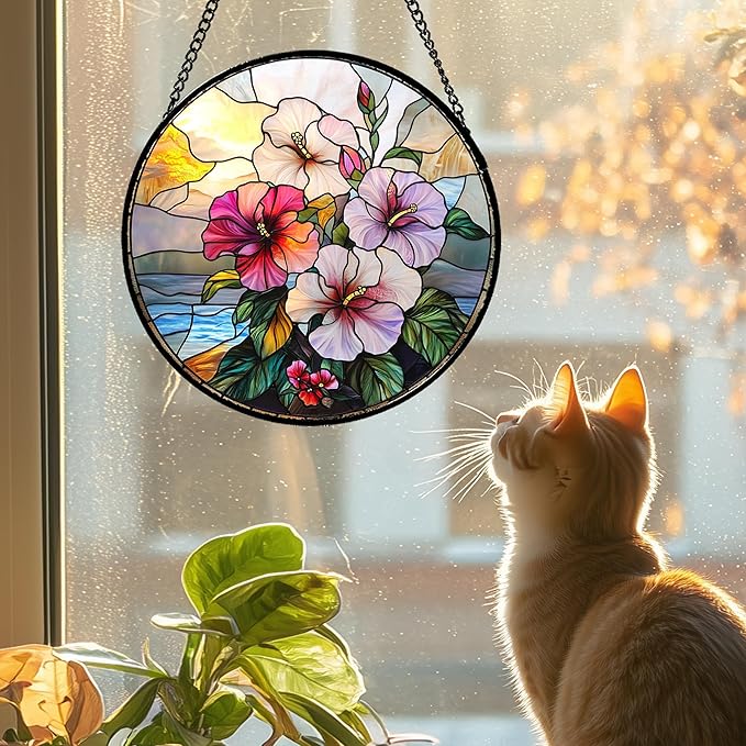 Stained Glass Window Hanging Pink Purple Hibiscus Flowers 7.8" - Suncatcher Door Garden Sunroom Sun Catcher Decor Birthday Christmas for Mom Men Woman Nana Friend