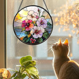 Stained Glass Window Hanging Pink Purple Hibiscus Flowers 6.3" - Suncatcher Door Garden Sunroom Sun Catcher Decor Birthday Christmas for Mom Men Woman Nana Friend