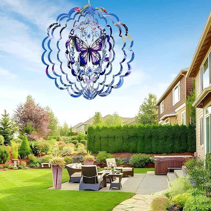 Wind Spinners Outdoor Butterfly，3D Wind Spinner Birthday Gifts for Women Mom Wife Grandma,12 inch Hanging Wind Sculptures Wind Spinner for Yard and Garden