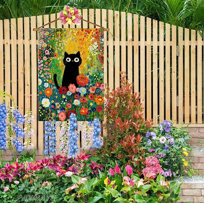 Spring Summer House Flag 28x40 Inch Double Sided Outside Black Cat Colorful Floral Flowers Seasonal Holiday Yard Porch Outdoor Decoration