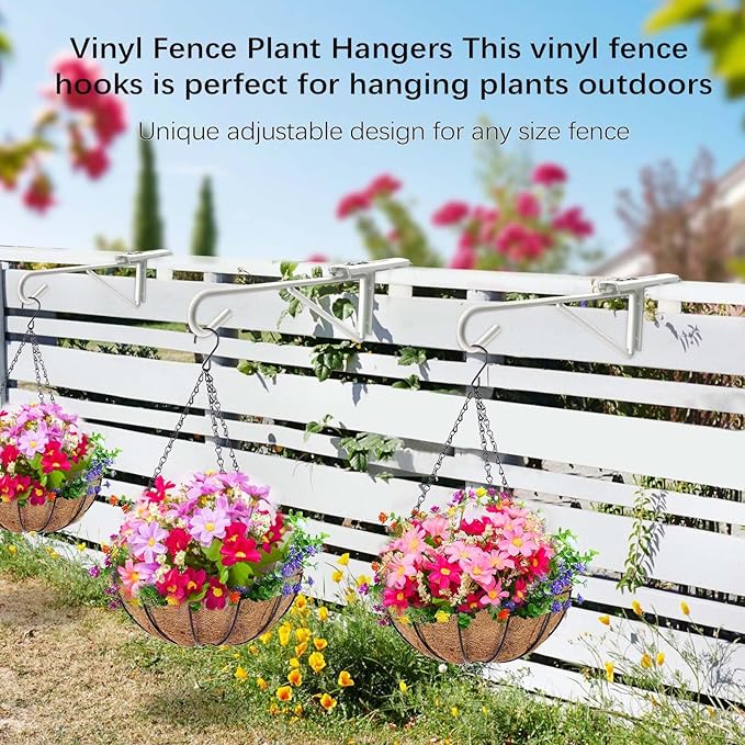 Adjustable (0.9-3") Vinyl Fence Hooks for Hanging Plants, Over the Railing Fence Plant Hangers Outdoor, White Heavy Duty Coated Steel Patio Hooks for Hanging Bird Feeders, Lights, Basket, Pool Tools