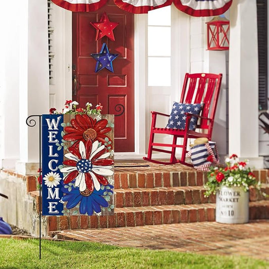 AVOIN colorlife Patriotic 4th of July Garden Flag 12x18 Inch Double Sided Outside, Floral Welcome Daisy Holiday Yard Outdoor Decoration