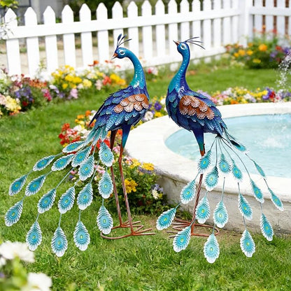 29 Inch Metal Peacock Decor, Outdoor Peacock Statues Yard Art, Garden Statues for Patio Yard Lawn Home Backyard Decorations, Set of 2