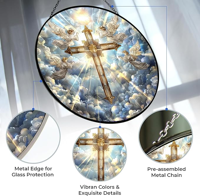 Jesus Cross Suncatcher Indoor/Outdoor Stained Glass Window Hanging Handmade Suncatchers Home Decor Garden Christmas Party Wedding Housewarming Gifts