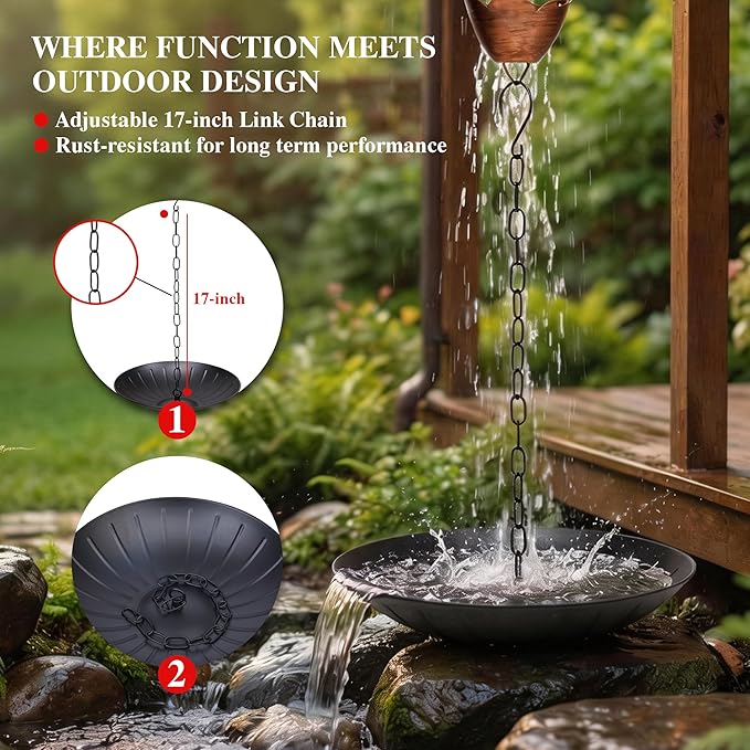 Topadorn Rain Chain Anchoring Basin Metal Bowl Downspout Gutters Decorative Fountain Dish Display for Outdoor Garden, Lawn and Patio Water Feature