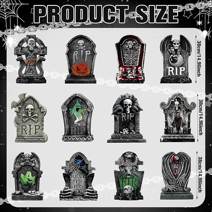 Soaoo 12 Pack 15" Halloween Graveyard Tombstone Yard Sign Halloween Decorations Outdoor Gravestone Headstone Decorations with Lawn Stakes Metal Stakes for Lawn Yard Outdoor Garden Haunted House Decor