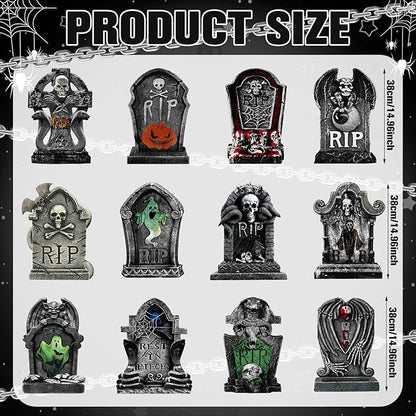 Soaoo 12 Pack 15" Halloween Graveyard Tombstone Yard Sign Halloween Decorations Outdoor Gravestone Headstone Decorations with Lawn Stakes Metal Stakes for Lawn Yard Outdoor Garden Haunted House Decor