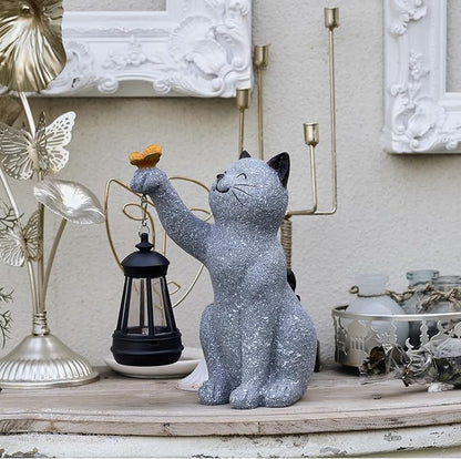 Solar Cat Garden Statue Outdoor Decor, Cat Sculpture with Lantern and Butterfly for Yard Lawn Patio Balcony, Christmas, Birthday Housewarming Gifts for Mom, Grandma, Women, 9.4 inch, Resin