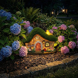 Resin Fairy House Statues with Solar Lights Outdoor for Garden Decor Funny Birds Ladybird Flocked Fairy House with Garden Figurine Patio Yard Lawn Decorations Gift for Mom Women (Green)