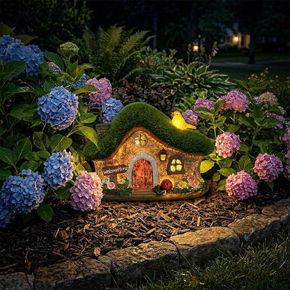 Resin Fairy House Statues with Solar Lights Outdoor for Garden Decor Funny Birds Ladybird Flocked Fairy House with Garden Figurine Patio Yard Lawn Decorations Gift for Mom Women (Green)