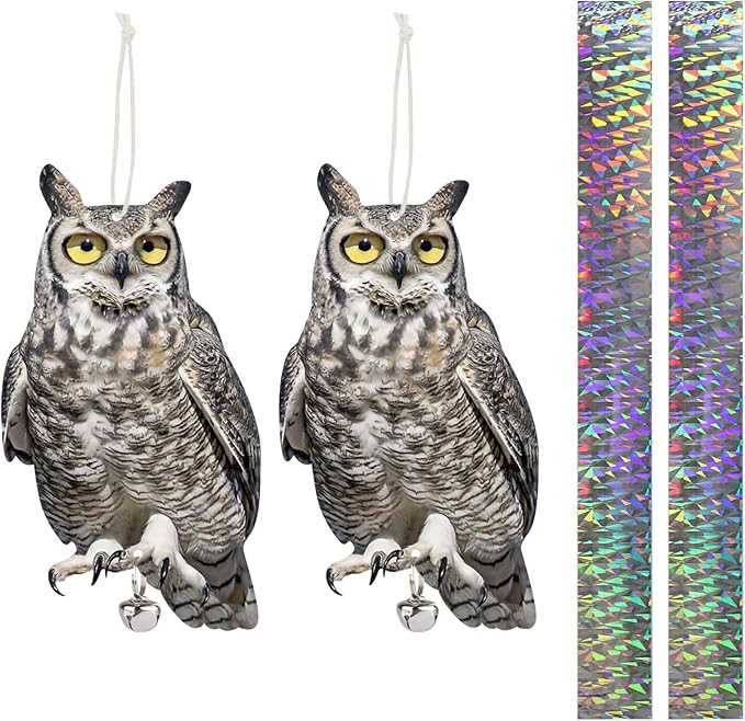 2PCS Reflective Plastic Owl Hanging Decoration Dual-Side Printed Raster Fake Eagle Garden Owl with Scare Tape for Garden Patio Windows