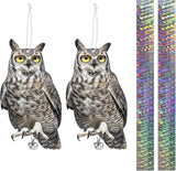 2PCS Reflective Plastic Owl Hanging Decoration Dual-Side Printed Raster Fake Eagle Garden Owl with Scare Tape for Garden Patio Windows