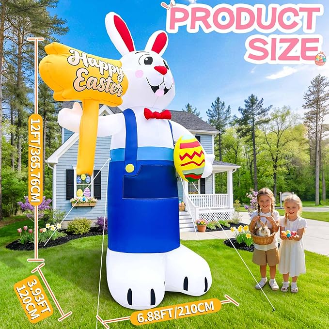 12FT Giant Easter Inflatables Outdoor Decoration Inflatable Bunny Built in LED Lights Bunny Blow Up Yard Decoration for Lawn Garden Holiday Party(with Storage Bag)