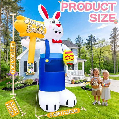 12FT Giant Easter Inflatables Outdoor Decoration Inflatable Bunny Built in LED Lights Bunny Blow Up Yard Decoration for Lawn Garden Holiday Party(with Storage Bag)
