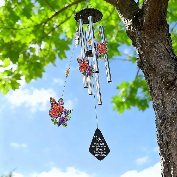 HDCRYSTALGIFTS 34'' Butterfly Wind Chimes Outdoor Large, Butterflies Aluminum Tube Memorial Windchime for Outside with S Hook,Patio Home Garden Decor, Sympathy Gifts for Loss of Loved One